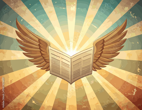 Vintage vector illustration of open book with golden wings and radiant sunburst background, symbol of knowledge and freedom