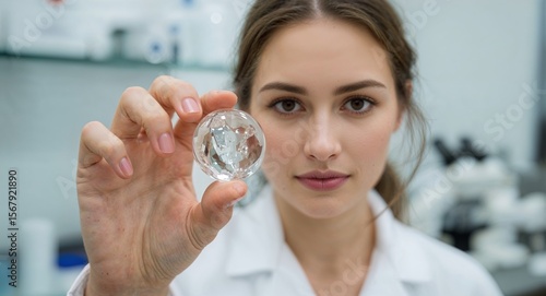 Woman in lab coat holding a clear sphere with liquid inside in a laboratory setting close up view