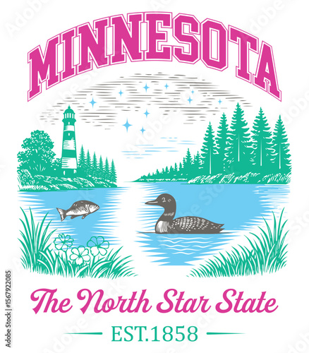 Minnesota The North Star State - Us States T-shirt Vector, American State Cityscape Illustration, Vintage Retro State Cityscape Shirt, States Landmark sayings, USA City Skyline Clipart
