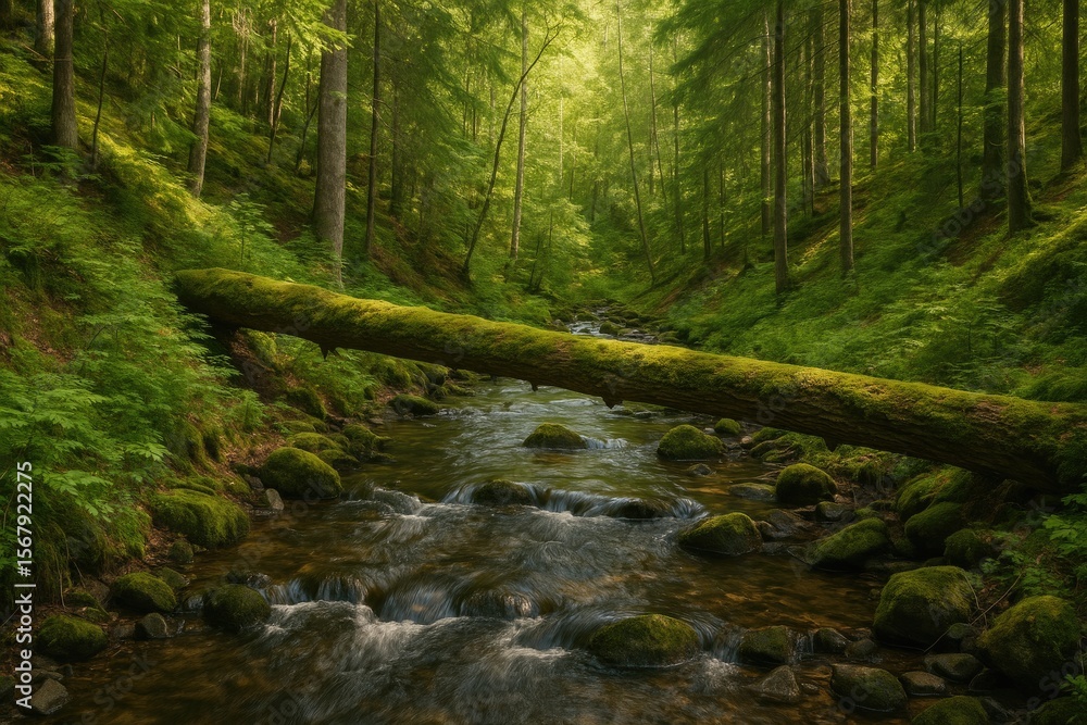 Serene woodland creek with an ancient fallen log Serene woodland creek with an ancient fallen log
