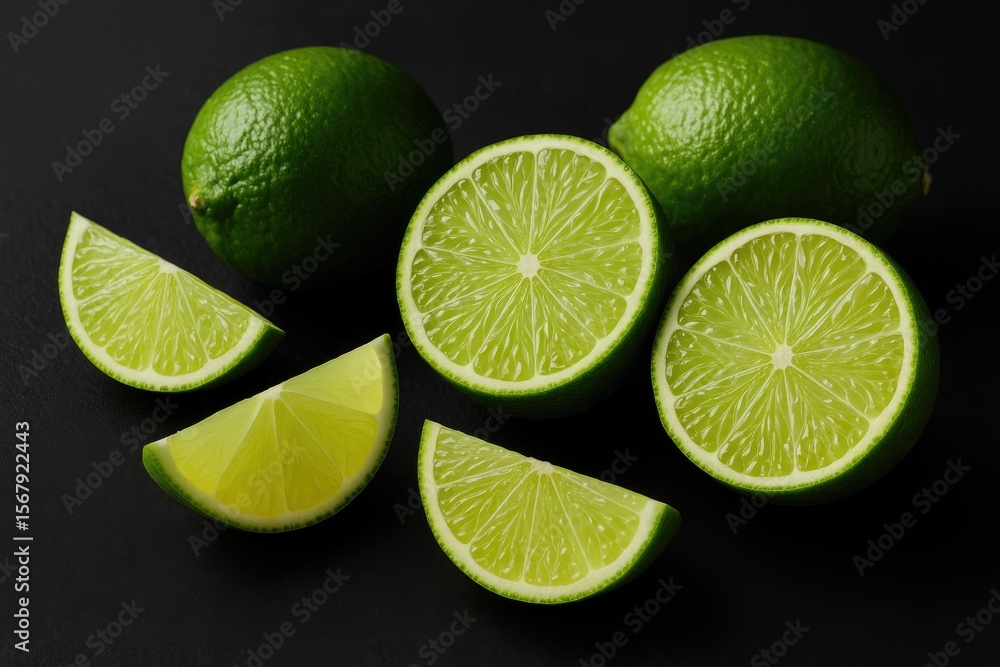 Cluster of sliced limes on a dark surface Cluster of sliced limes on a dark surface