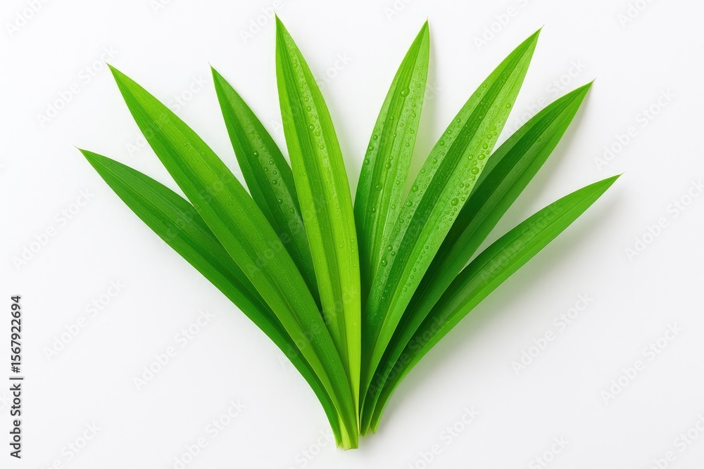 Fototapeta premium Vibrant green pandan leaves with dew droplets on a plain white backdrop