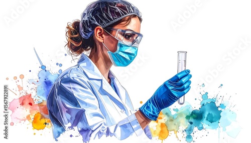 Female Scientist Lab Test Watercolor - Watercolor effects