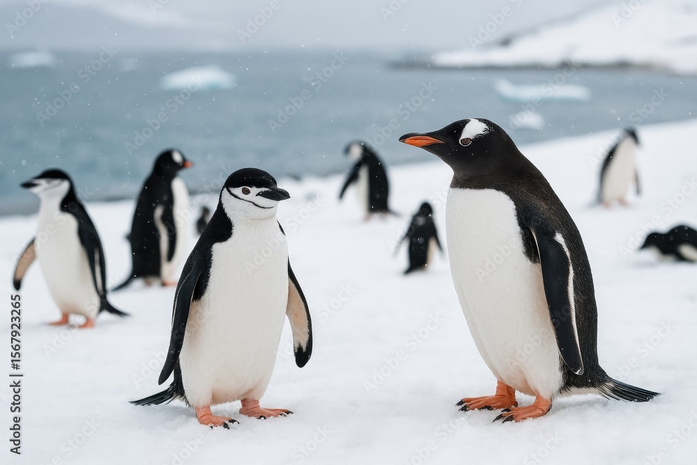 Fototapeta premium Daily routines of Gentoo and Chinstrap penguins