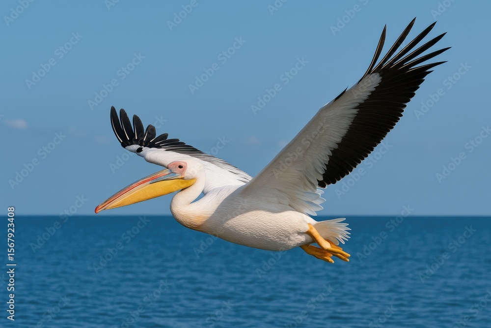 Obraz premium Majestic white pelican soaring through the sky