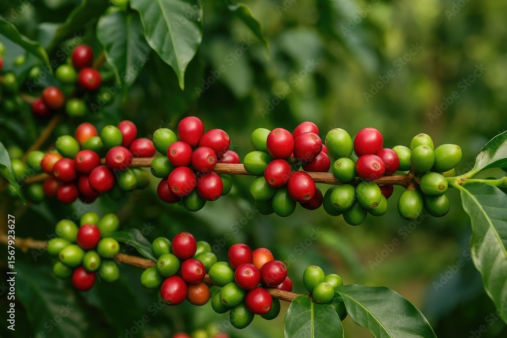 Ripening coffee cherries prepared for picking Ripening coffee cherries prepared for picking