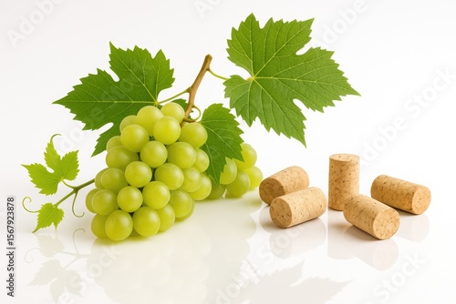 Elegant still life featuring lush green grapes, vine leaves, and assorted wine corks on a white backdrop with reflections