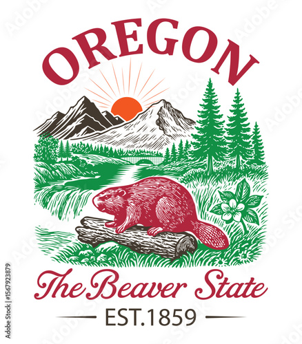 Oregon The Beaver State - Us States T-shirt Vector, American State Cityscape Illustration, Vintage Retro State Cityscape Shirt, States Landmark sayings, USA City Skyline Clipart
