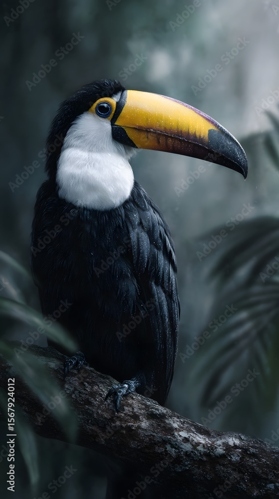 Fototapeta premium A vibrant toucan perched on a tree branch in the rainforest