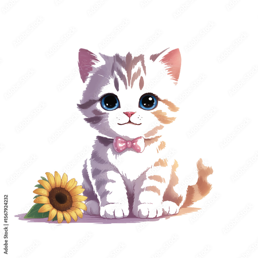 Obraz premium An adorable grey and white kitten with a pink bow sits beside a sunflower, isolated on white background