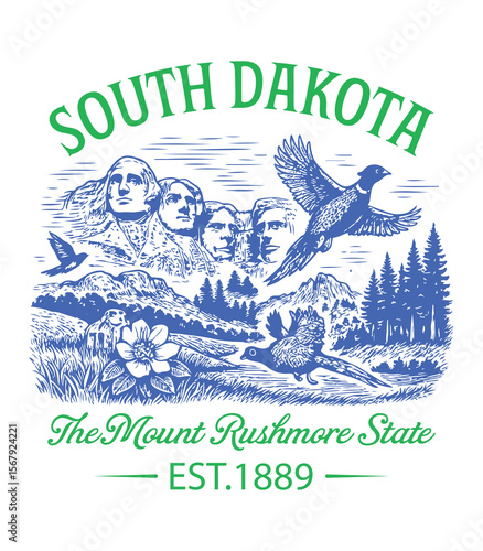 South Dakota The Mount Rushmore State - Us States T-shirt Vector, American State Cityscape Illustration, Vintage Retro State Cityscape Shirt, States Landmark sayings, USA Skyline Clipart
