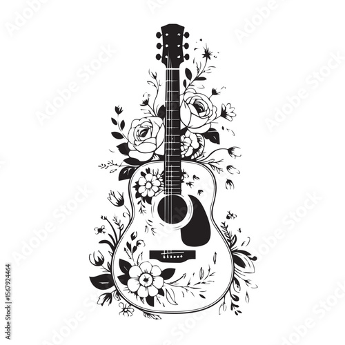 A black and white acoustic guitar surrounded by flowers is isolated on white background
