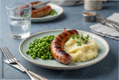 Grilled sausage with creamy potatoes and green peas, on a grey-blue dining table