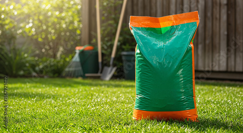 Green and orange lawn fertilizer bag standing on vibrant grass with sunlight and gardening tools in background