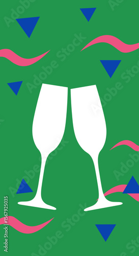 Two white champagne glasses clinking on a green background with colorful triangles and wavy accents, festive design, copy space
