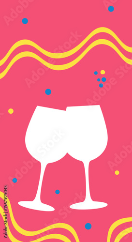 Two white wine glasses clinking on a pink background with colorful swirls and dots, festive design, copy space
