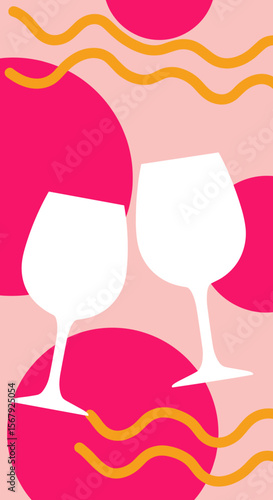 Two white wine glasses clinking on a pink background with abstract shapes, festive design, copy space