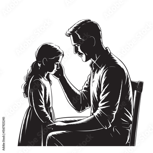 A father comforts his sad daughter by gently touching her forehead