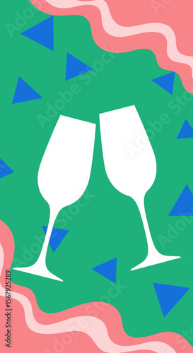 Two white champagne flutes clinking on a green background with colorful triangles and wavy accents, festive design, copy space