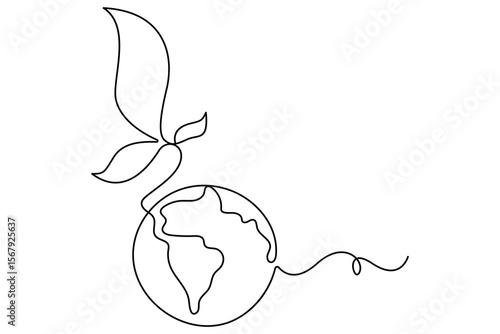 Continuous single line drawing of Earth with plant sprout symbol for sustainability and growth
