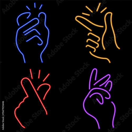 Finger snapping neon icon group, vector illustration on black background.
