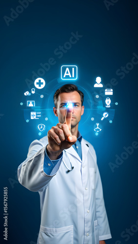 Doctor using AI interface; futuristic medical technology; healthcare innovation; serious professional mood; blue background.