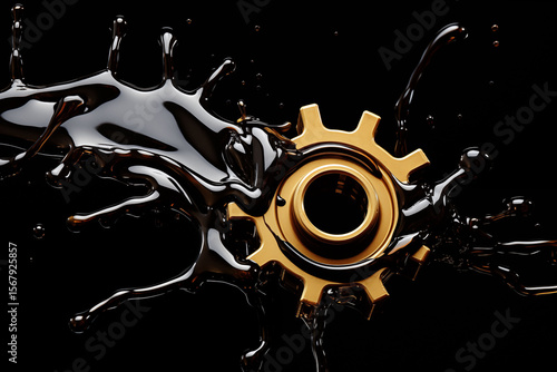 Close-up of gear with oil splash on black background.