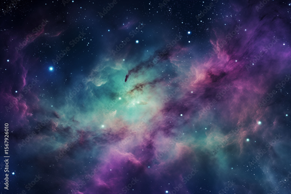 Naklejka premium A cosmic nebula with purple and green gas clouds in space.