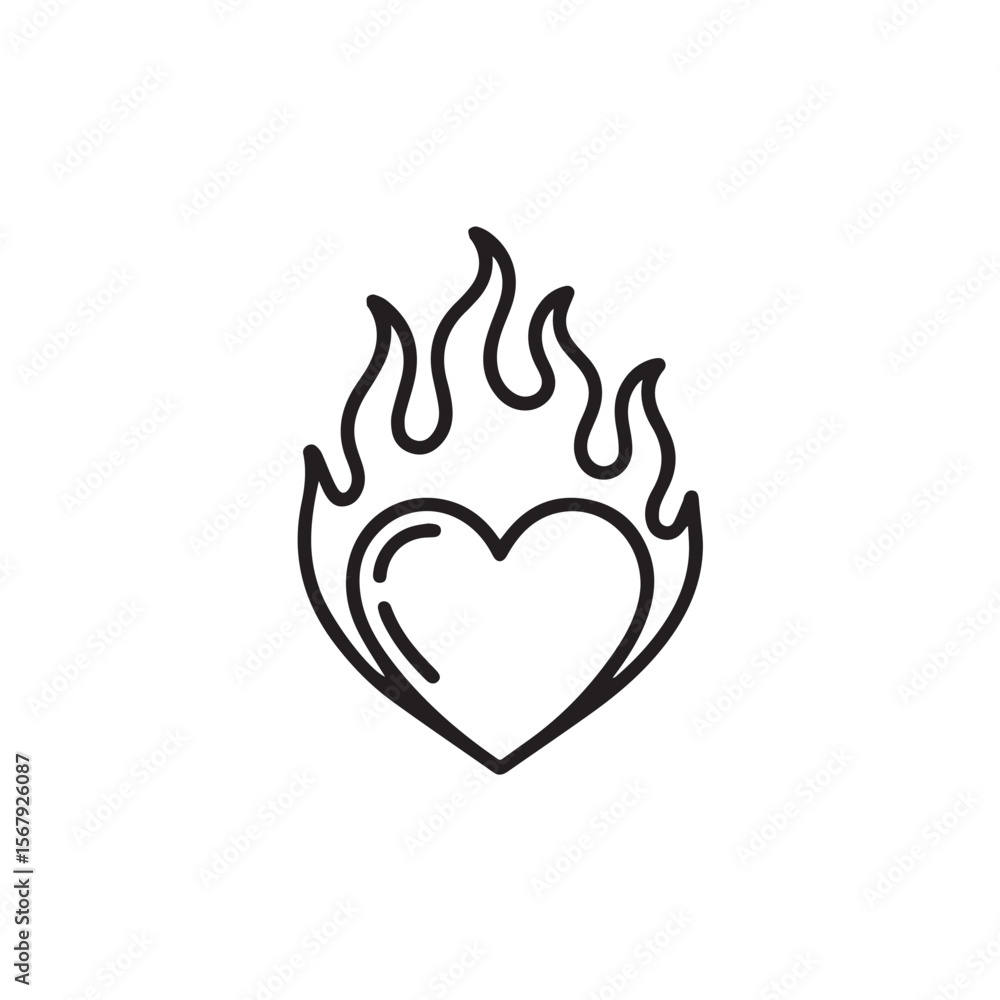 A heart engulfed in flames, a symbol of fiery passion, isolated on white background A heart engulfed in flames, a symbol of fiery passion, isolated on white background