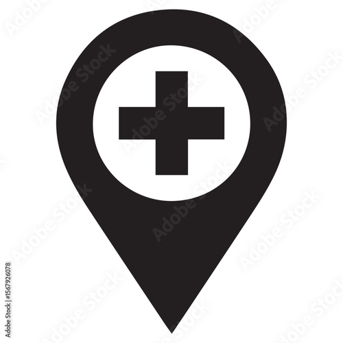 Black medical cross symbol inside a location pin marker icon representing a hospital or clinic