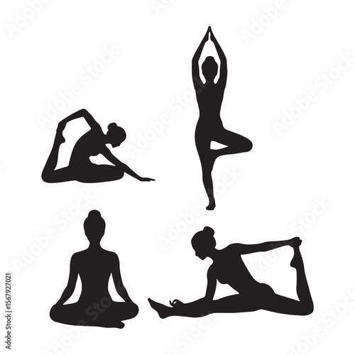 Four Black Silhouettes of Women Performing Different Yoga Poses on White Background Collection of Female Figures in Various Stretching and Balancing Asanas
