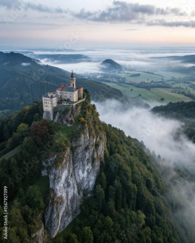 Wallpaper Mural Majestic castle perched atop a rocky cliff face surrounded by rolling hills and morning mist Torontodigital.ca
