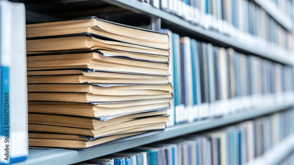 Obraz premium Stack of books placed on a shelf in a library. Knowledge, library, education, literature