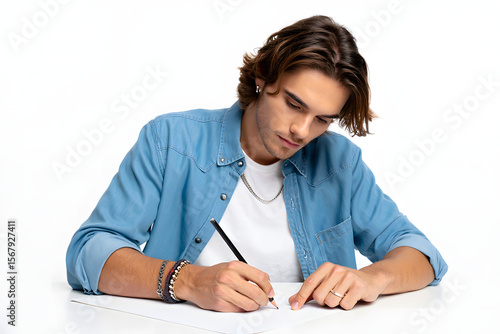 Young man in blue shirt sketching on white paper, focused expression, creative process.