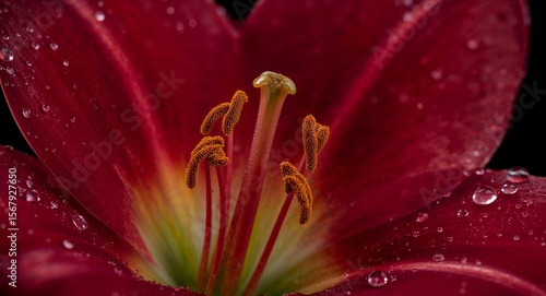 Close up of a red lily flower with water droplets on the petals and visible stamens and pistil