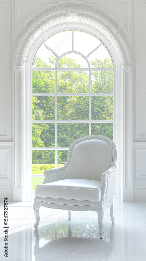 A white armchair sits elegantly in front of a large window with a view of lush greenery. Elegant interior setting A white armchair sits elegantly in front of a large window with a view of lush greenery. Elegant interior setting