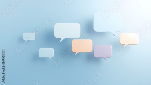 Modern feedback concept with floating speech bubble shapes on a soft gradient background.