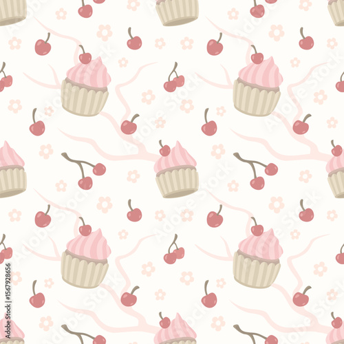 Seamless pattern with cherry cupcakes