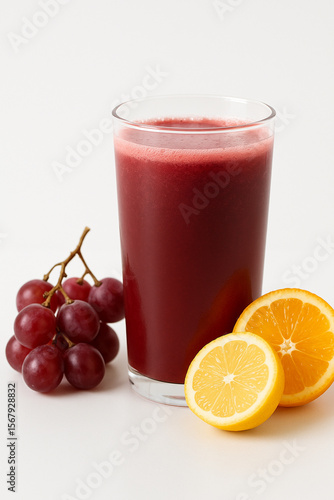 Wallpaper Mural Refreshing Grapefruit Juice: A tall glass of vibrant ruby-red grapefruit juice sits alongside a bunch of red grapes and slices of orange, promising a burst of fresh flavor. Torontodigital.ca