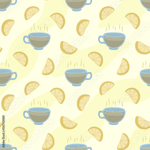 Seamless pattern with lemon slices and tea cups