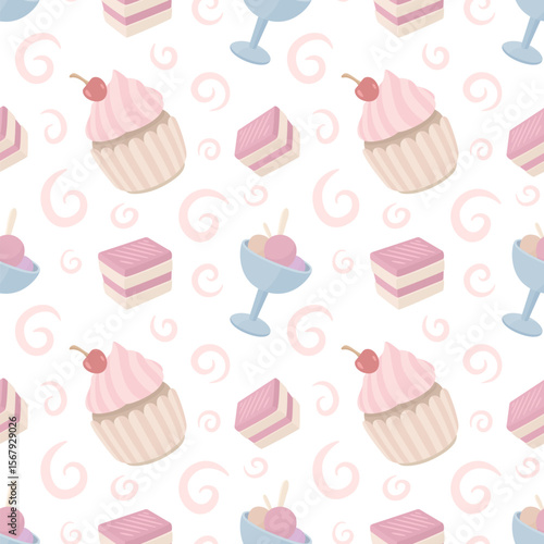 Pink seamless pattern with sweet desserts