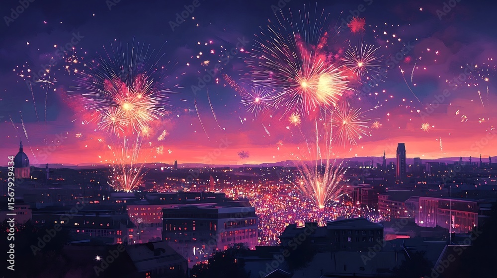 Fototapeta premium Dazzling Fireworks Display over Illuminated City Skyline at Night