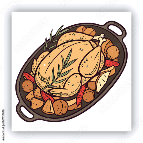 brazier. Fried eggplant, potatoes, peppers, tomatoes in pan. Vegetarian dish. View from above. Wooden background. Copy space