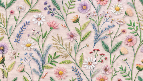 Floral Embroidered Effect Fabric by the yards Vector Background 
