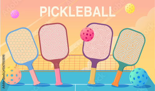 Colorful cartoon illustration of four pickleball paddles with geometric patterns standing on a court with balls flying around, a vibrant pink and yellow sky