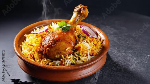 Delicious chicken biryani served in a traditional pot with aromatic spices