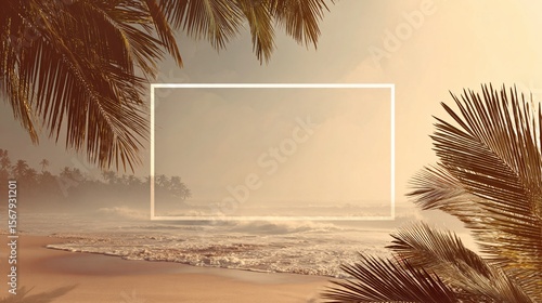 Warm tropical beach with gentle waves and palm fronds framing a crisp white space