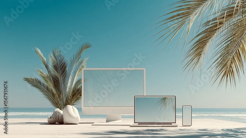 Remote work paradise: Digital devices amidst serene beachside ambiance