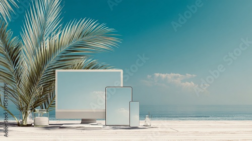 Coastal workspace serenity: Digital devices meet oceanic calm for modern productivity