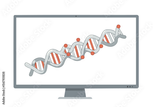 A modern computer screen displays a stylized mRNA molecule. Clean, graphic design. Ideal for science, technology, and healthcare visuals.